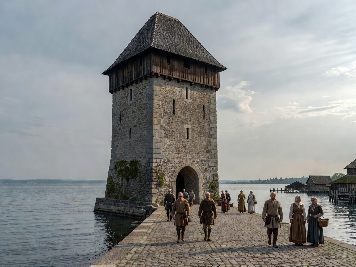 Historic harbor tower and lakefront promenade in Konstanz