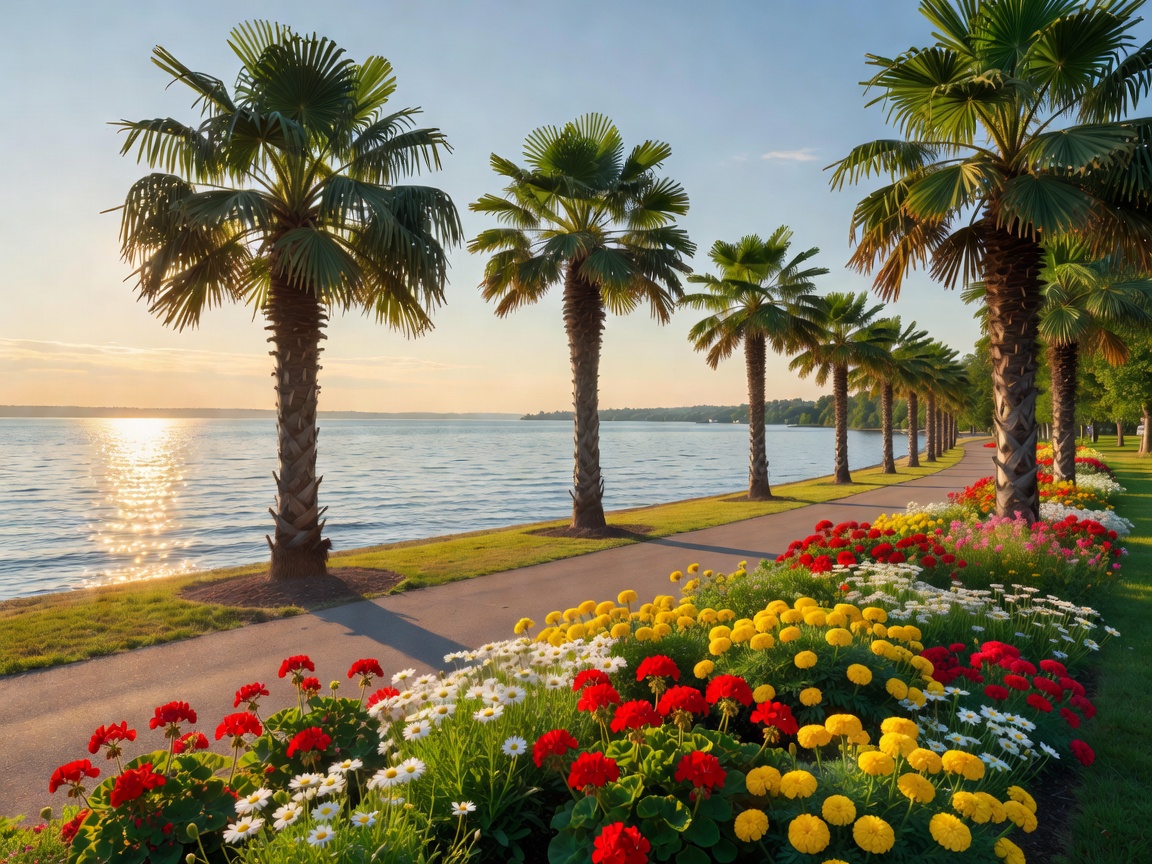 Lakeside promenade in Überlingen with mature palm trees and flowering borders