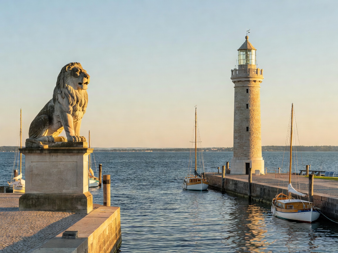 Lindau island harbor entrance with iconic stone lion and lighthouse