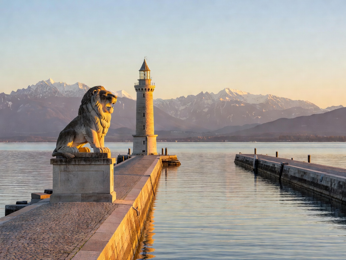 Lindau port entry with Bavarian lion and Austrian alpine silhouettes in background