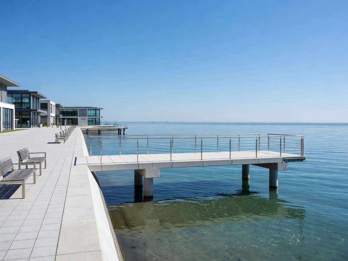 Modern lakeside pier and clear horizon at Friedrichshafen promenade