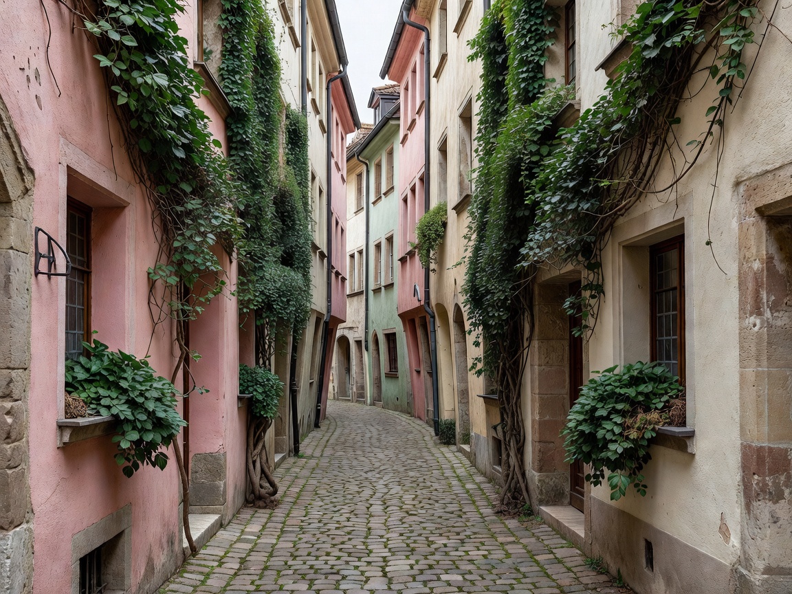 Narrow historic alley in the Niederburg district of Konstanz with ivy and pastel facades