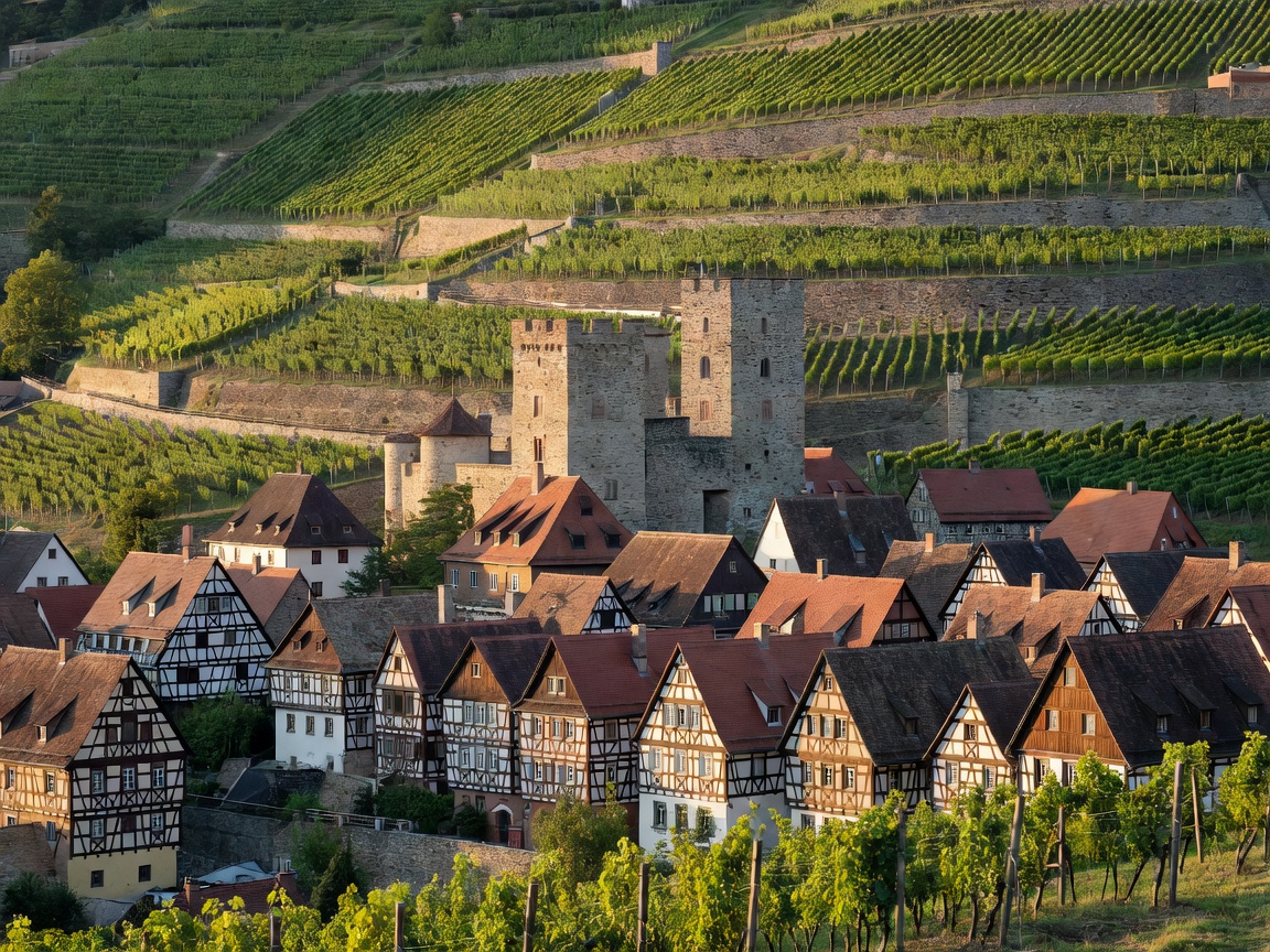 Terraced vineyards rising behind Meersburg's old castle and timbered roofs