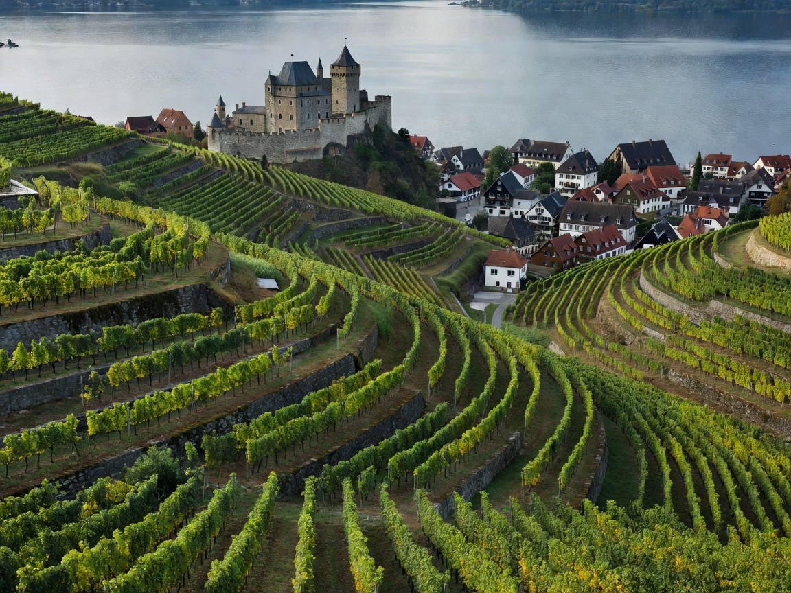 Terraced wine slopes surrounding Meersburg with the lake and castle in background