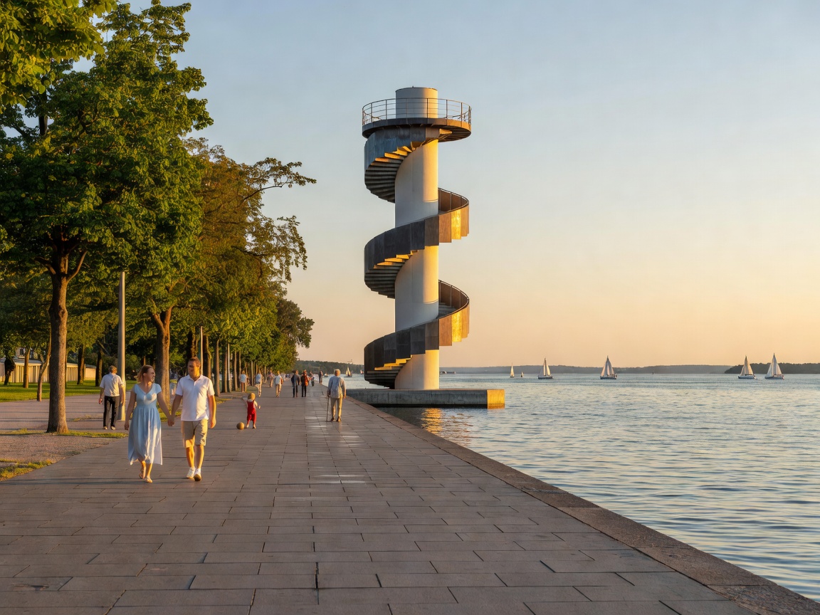 The wide pedestrian promenade and lake lookout tower in Friedrichshafen